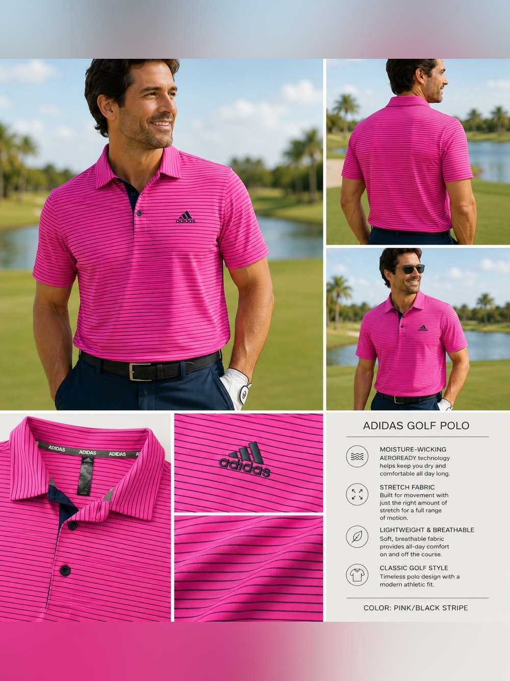 Adidas Golf Climalite Polo Shirt Men’s Large Pink Black Striped Performance Polo